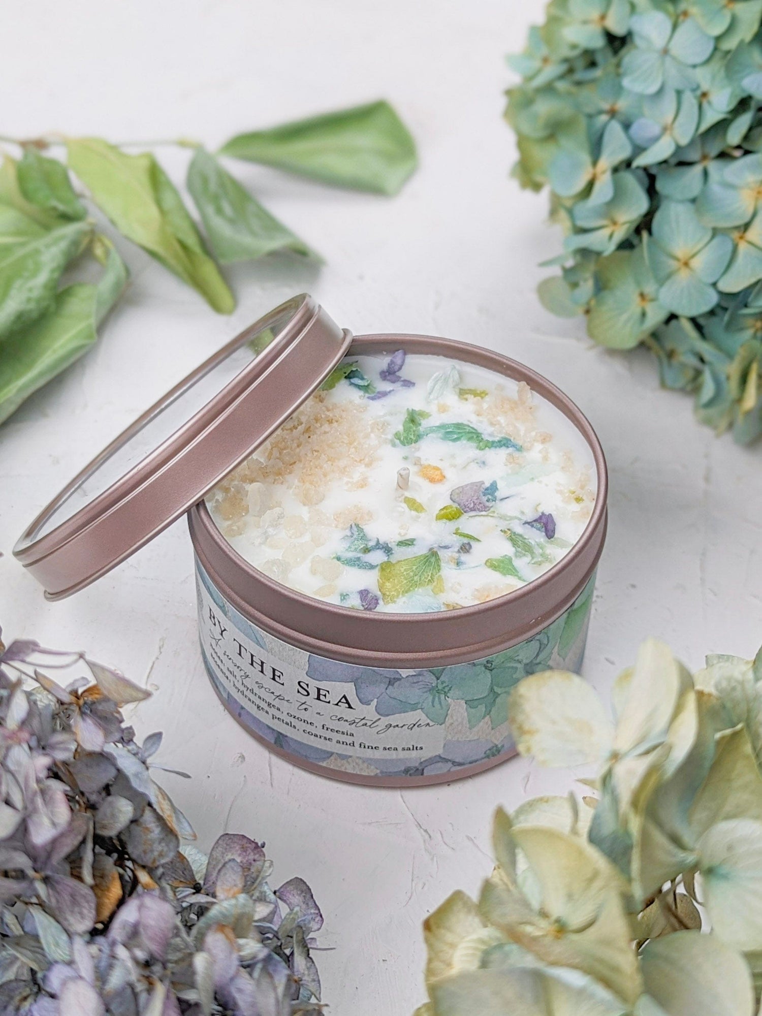 Ash &amp; Rose candle 8 oz BY THE SEA Hydrangea Sea Salt Candle