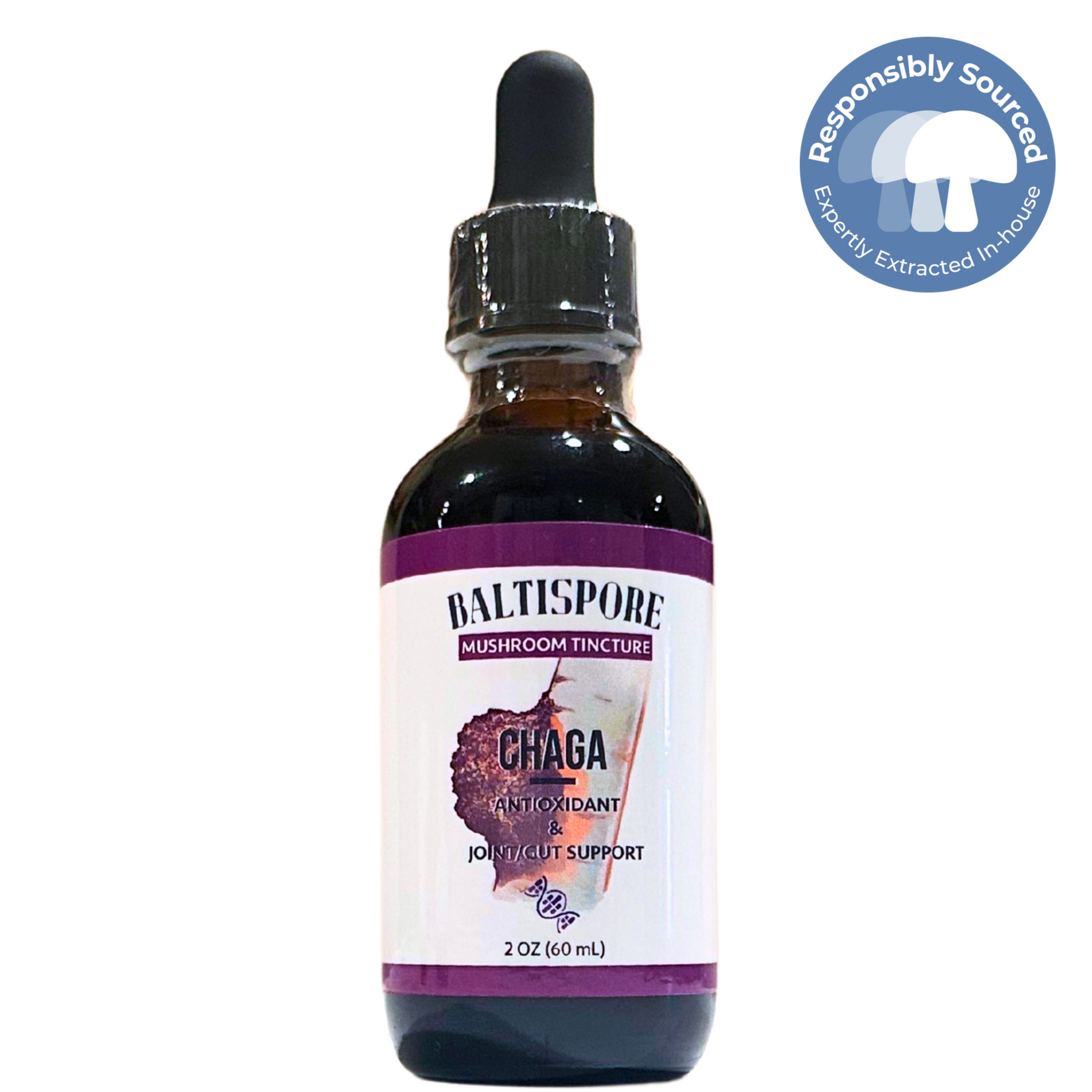 Bottle of Baltispore Chaga mushroom tincture with a dropper on a white background