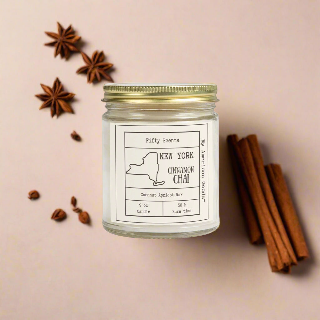 New York - Cinnamon Chai Scented Candle - Coconut Apricot Wax - My American Goods