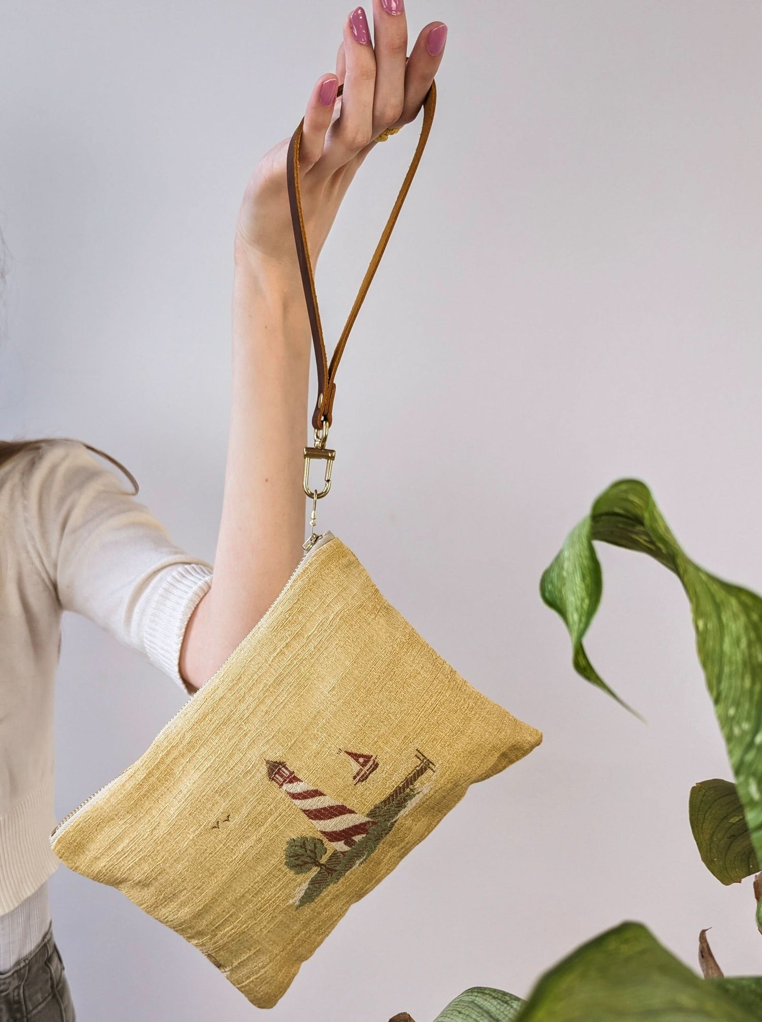 Sail Away Lighthouse Wristlet Linen &amp; Leather - My American Goods