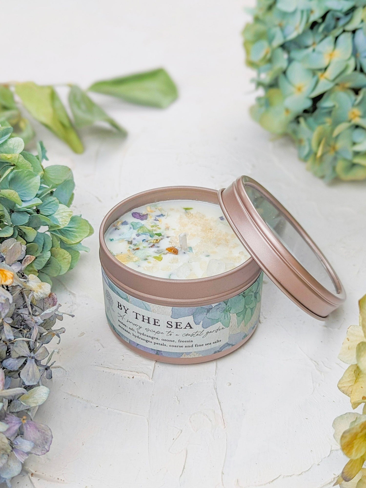 Ash &amp; Rose candle 4 oz BY THE SEA Hydrangea Sea Salt Candle