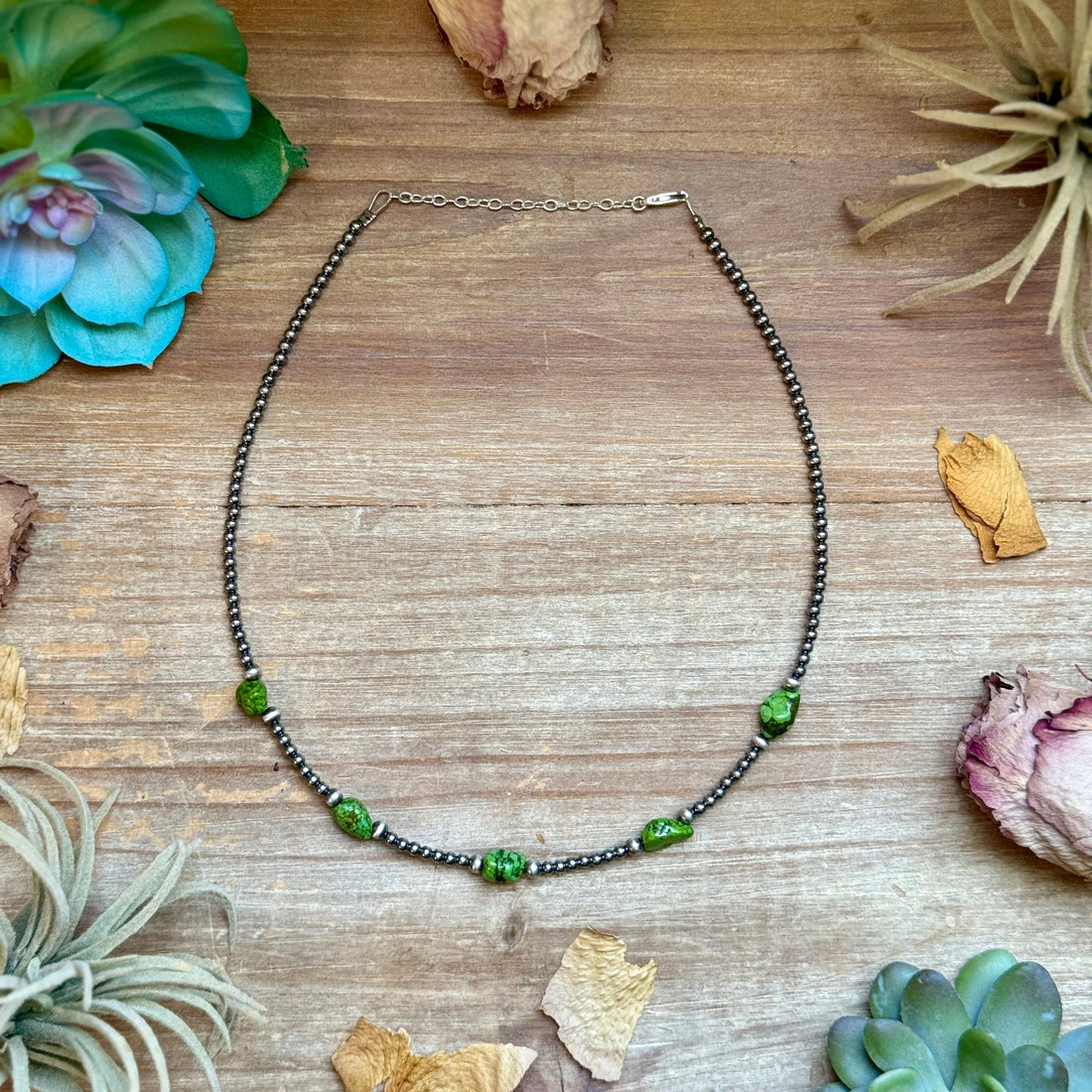Green Nugget Turquoise &amp; Sterling Silver Pearl Necklace