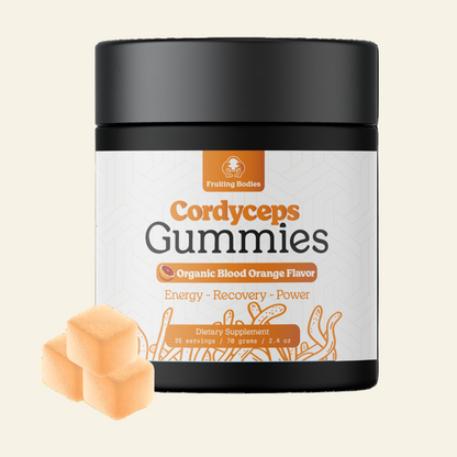 Jar of Cordyceps Gummies with a black lid on a white background