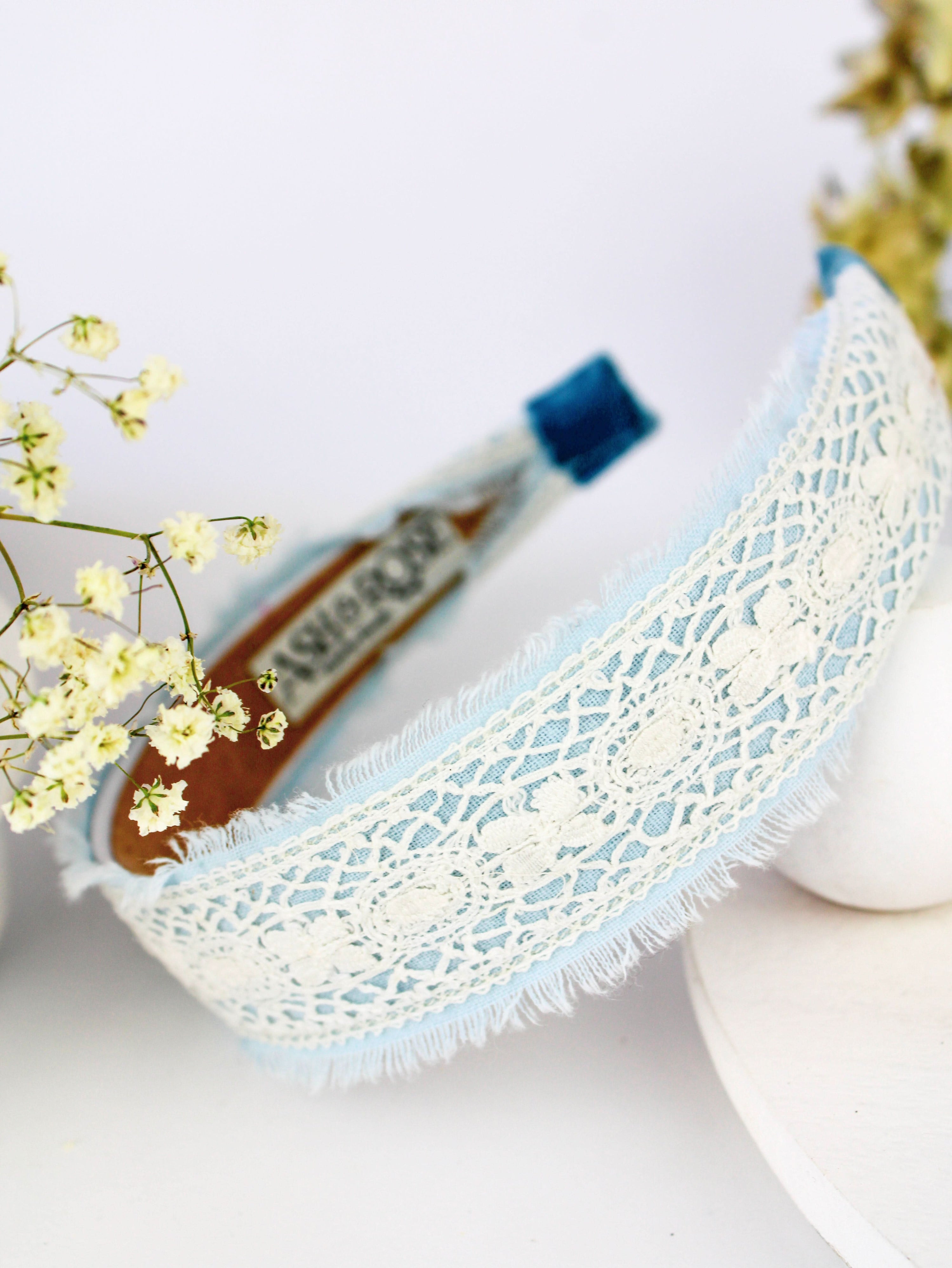 Ash &amp; Rose Blue Amelia Lace and Linen Headband