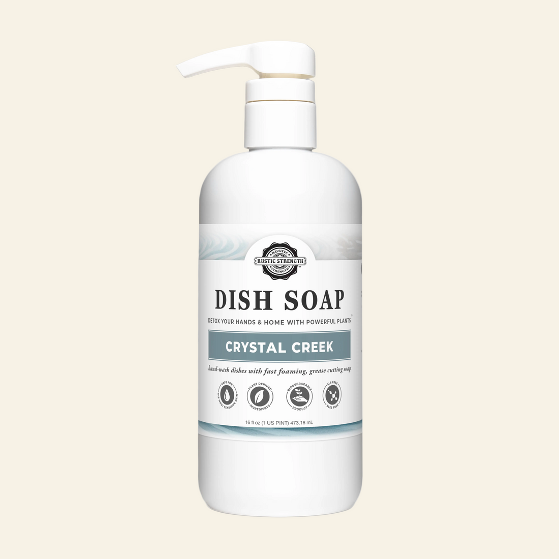 White dish soap bottle with pump labeled &