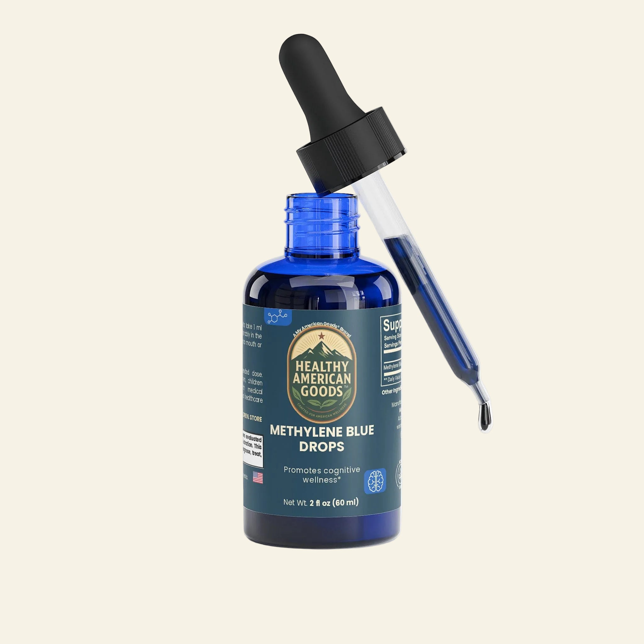 Blue bottle with dropper labeled &