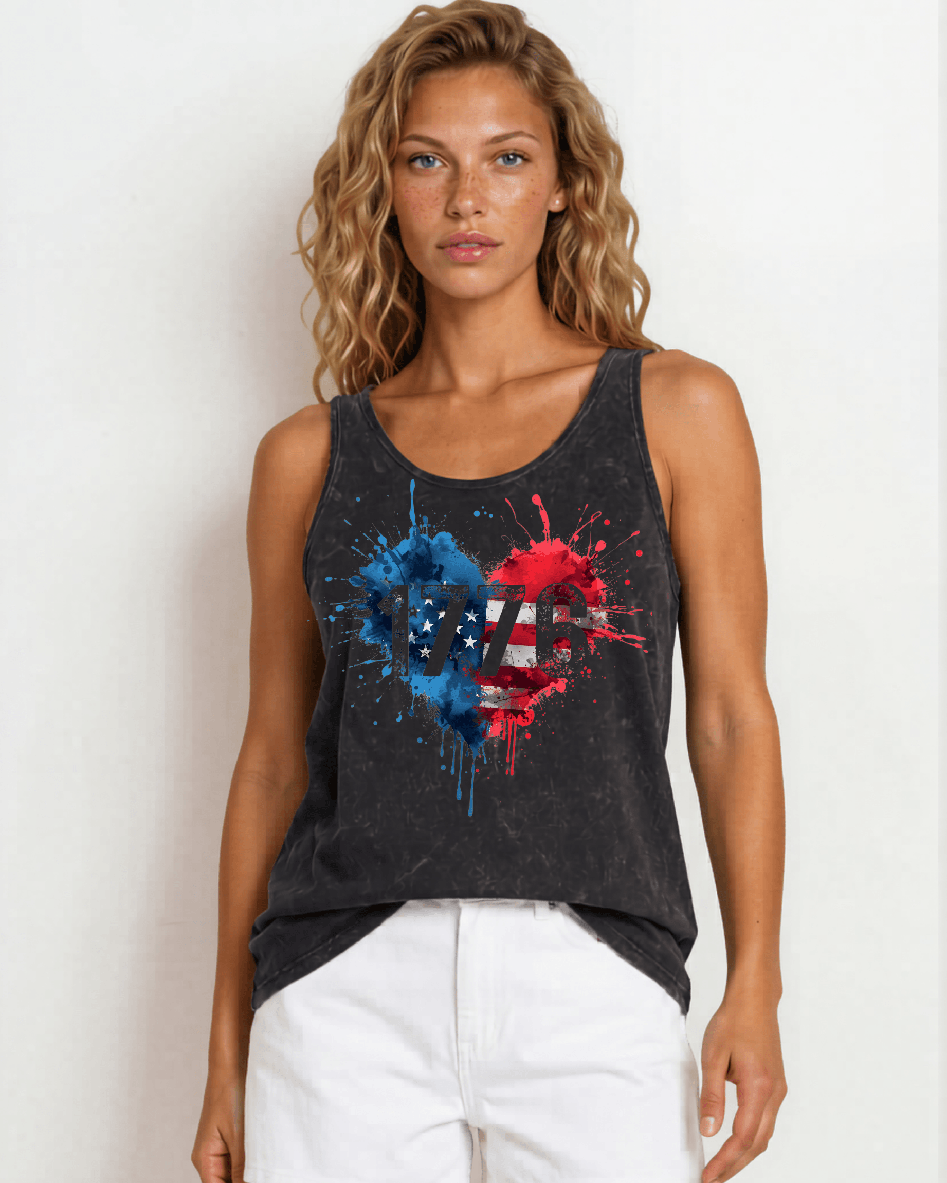 Crazy Cozy Cool Sleeveless Tops and Tanks 1776 Paint Splatter Heart American Flag Graphic Tank Top in Black