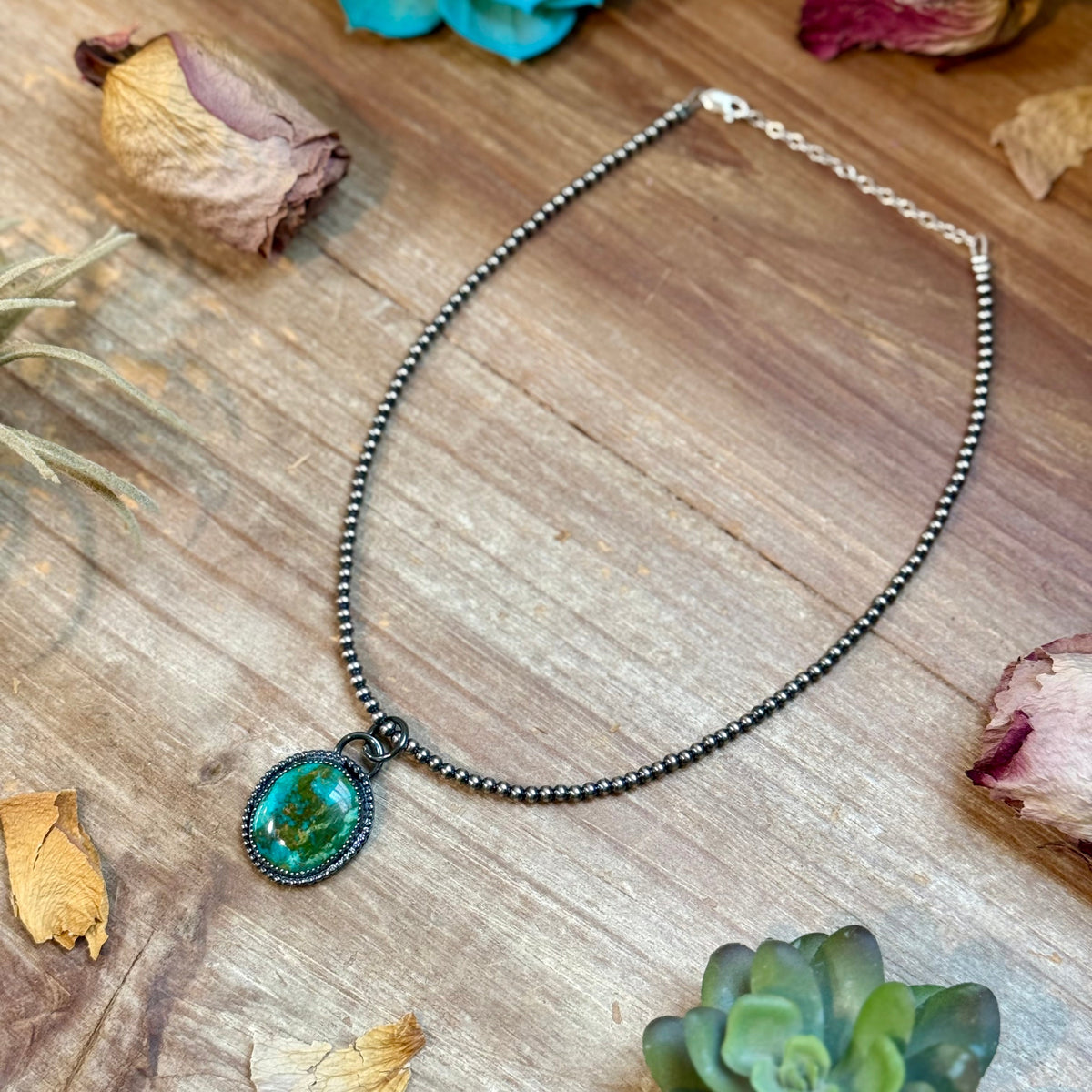 MJ Green Turquoise Pendant with Sterling Silver Pearl Necklace