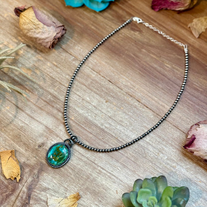MJ Green Turquoise Pendant with Sterling Silver Pearl Necklace
