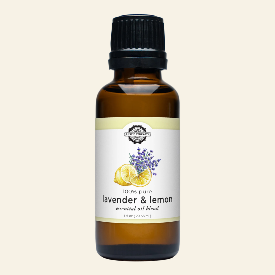 Bottle of lavender and lemon essential oil blend on a light gray background