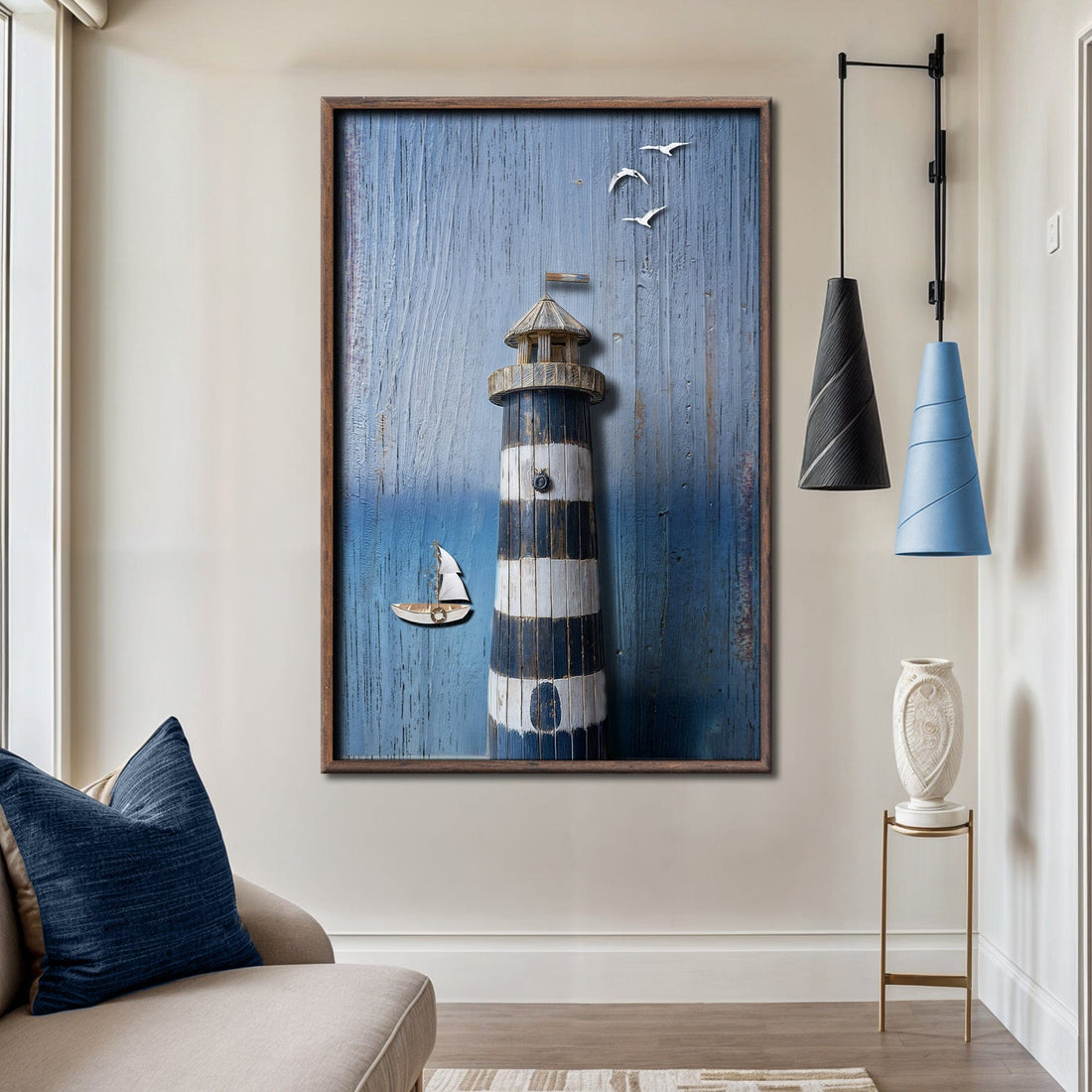 Tailored Canvases Canvas 18x12 inch Medium Premium Gallery Wrapped Wooden Lighthouse Coastal Wall Art III