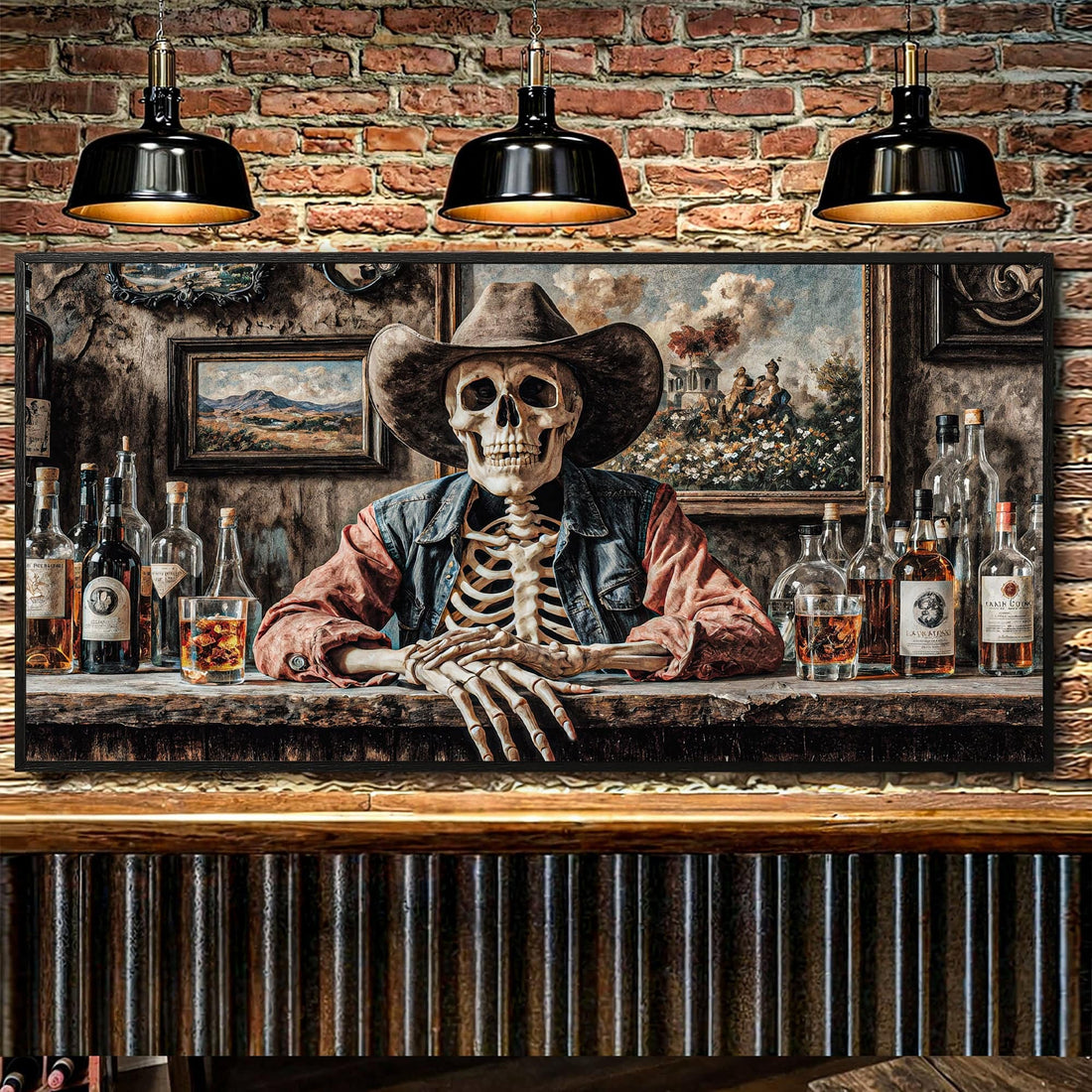 Tailored Canvases Canvas 20x10 inch Medium Premium Gallery Wrapped Skeleton Cowboy Barman At Western Saloon Wall Art