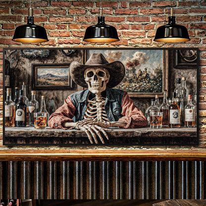 Tailored Canvases Canvas 20x10 inch Medium Premium Gallery Wrapped Skeleton Cowboy Barman At Western Saloon Wall Art