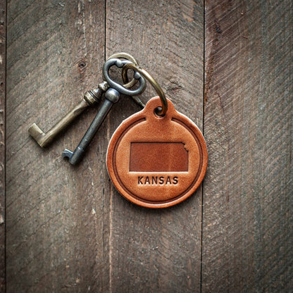 Kansas State Silhouette Leather Keychain Circle