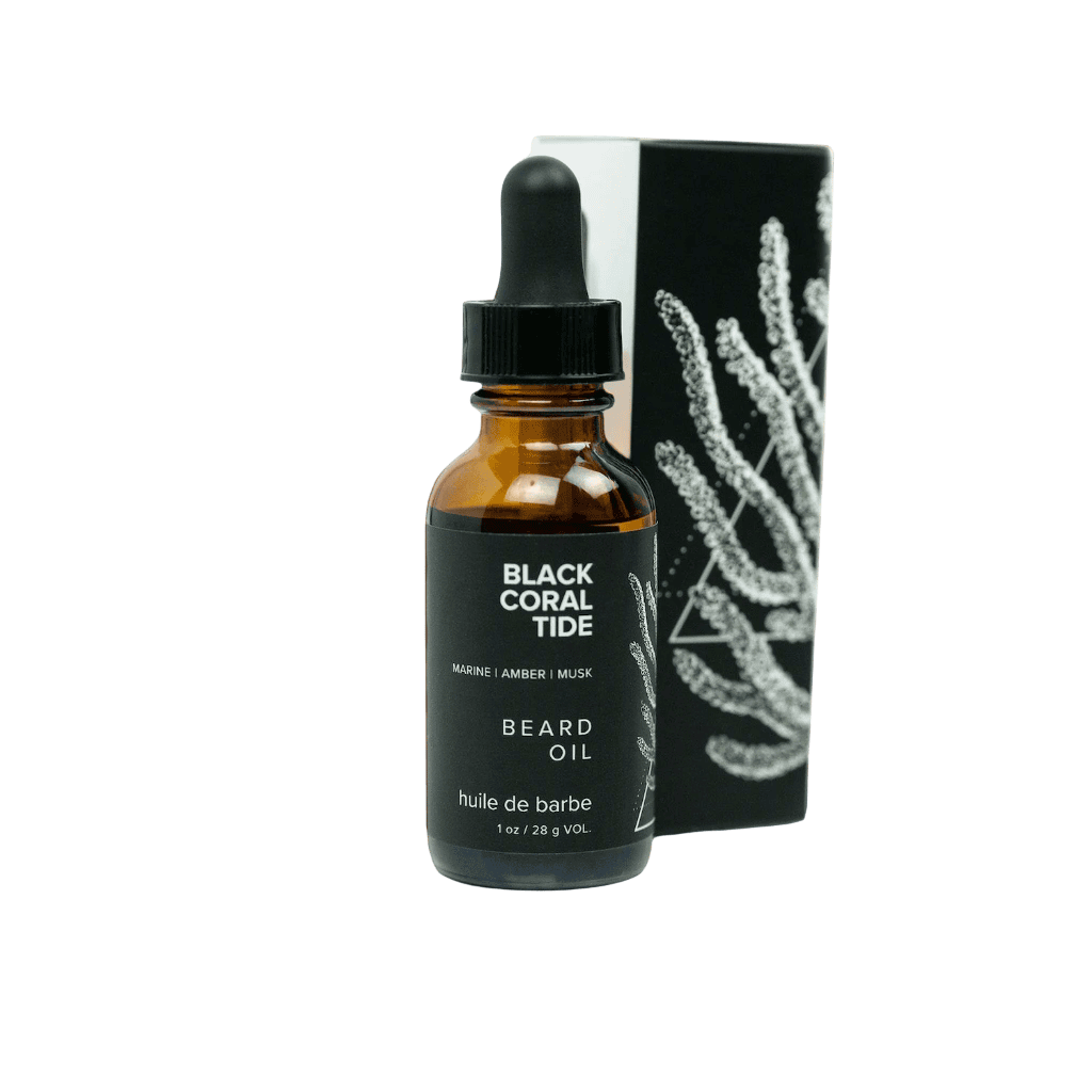 Bottle of Black Coral Tide beard oil with a dropper and packaging on a white background