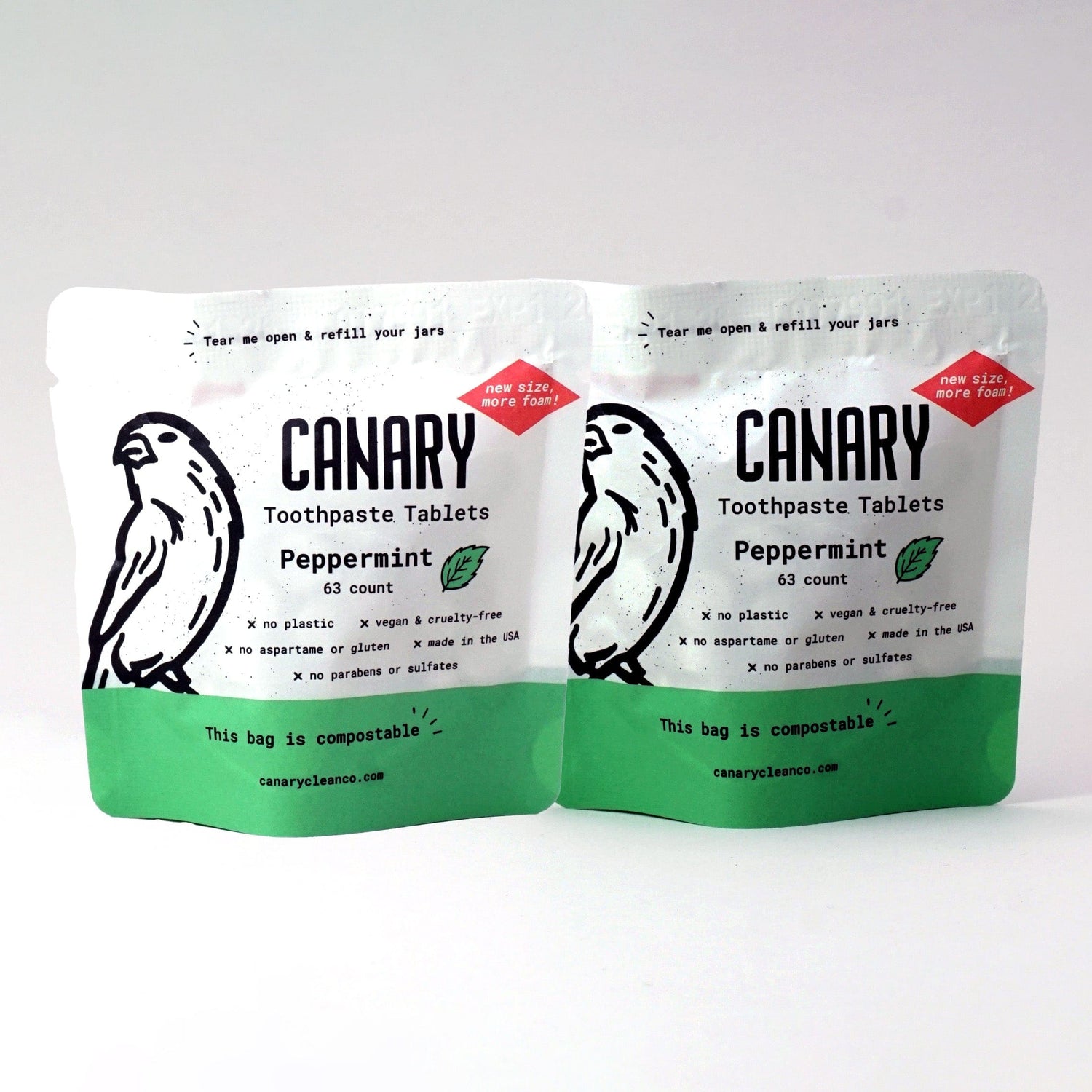 Canary Toothpaste Tablets 2-pack of the sample pouches - 126 tablets Peppermint Toothpaste Tablets
