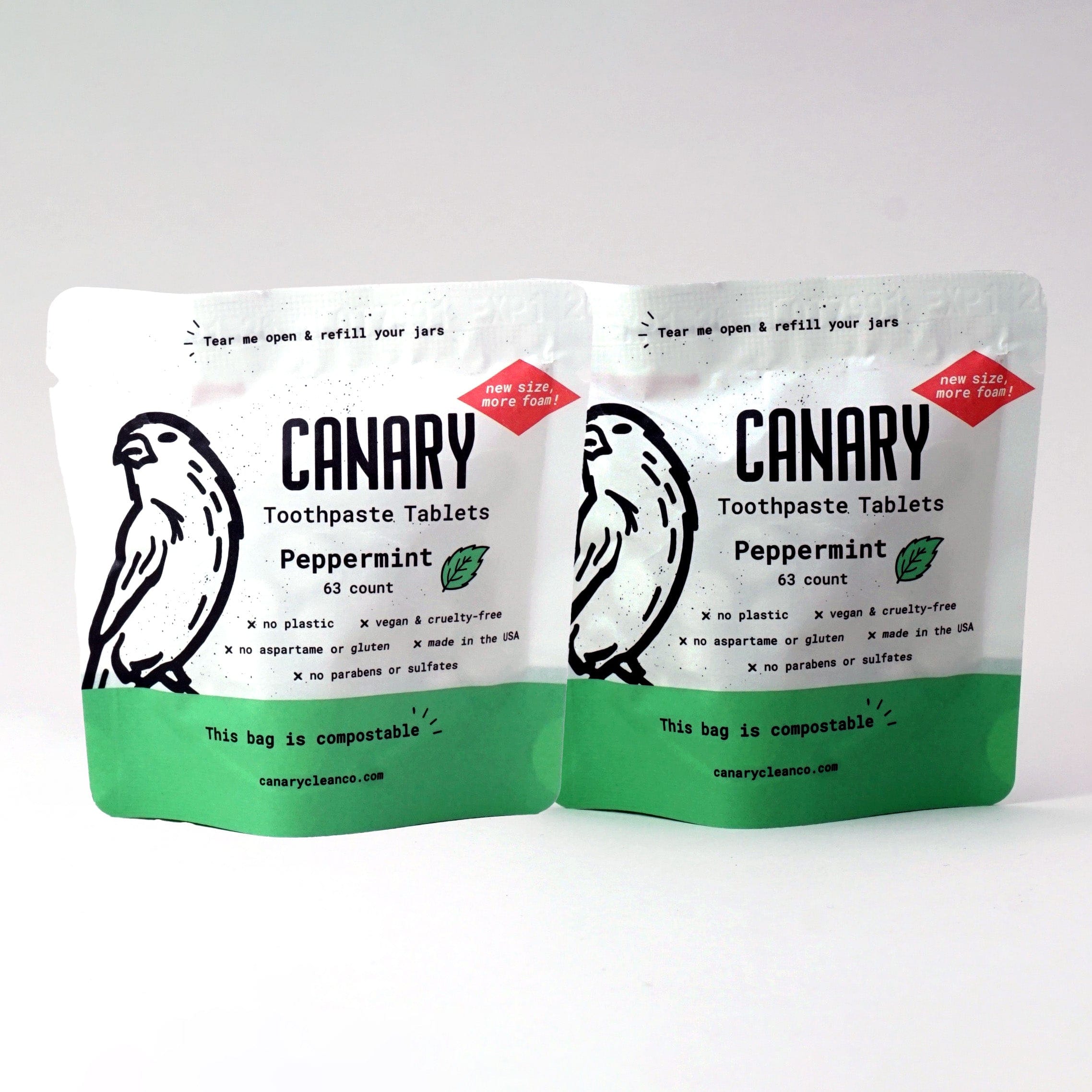 Canary Toothpaste Tablets 2-pack of the sample pouches - 126 tablets Peppermint Toothpaste Tablets