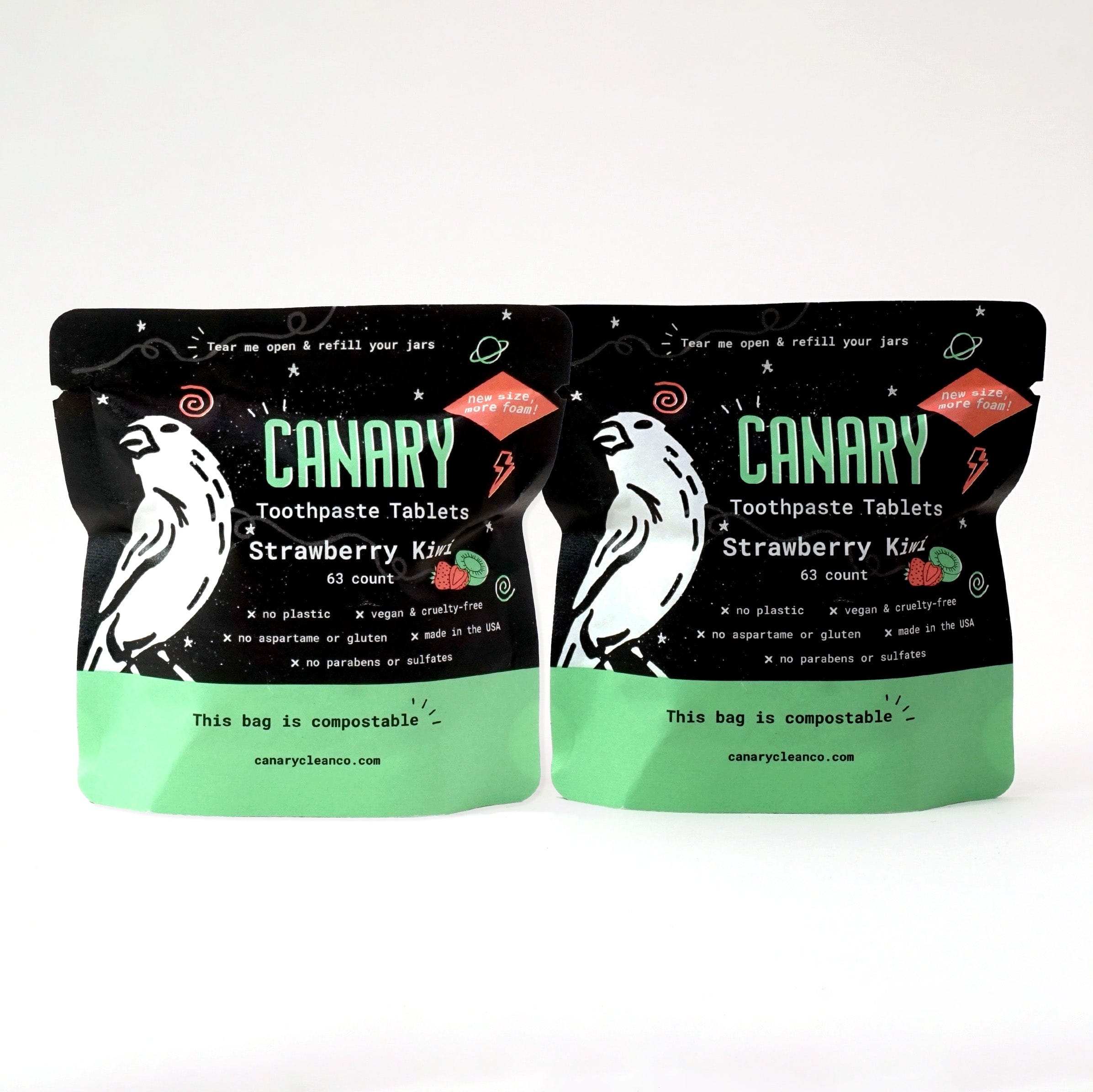 Canary Toothpaste Tablets 2-pack of the sample pouches - 126 tablets Strawberry + Kiwi Toothpaste Tablets