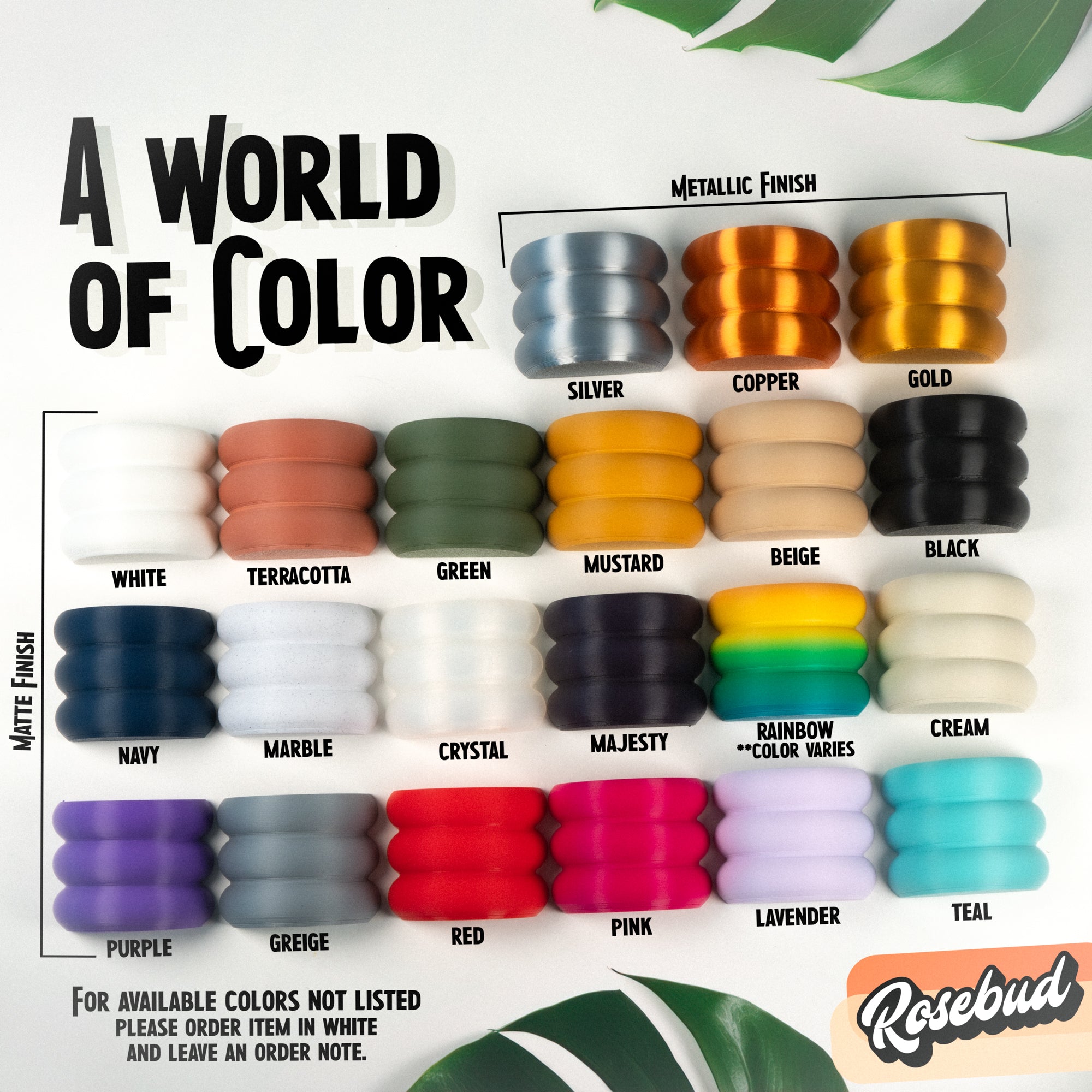 &quot;A World of Color guide for Rosebud All-Seeing Eye Planter showing various color options including matte finishes like white, terracotta, and navy, as well as metallic finishes like silver, copper, and gold, emphasizing planters, excellent drainage, multiple colors, plant lover, home decor.&quot;