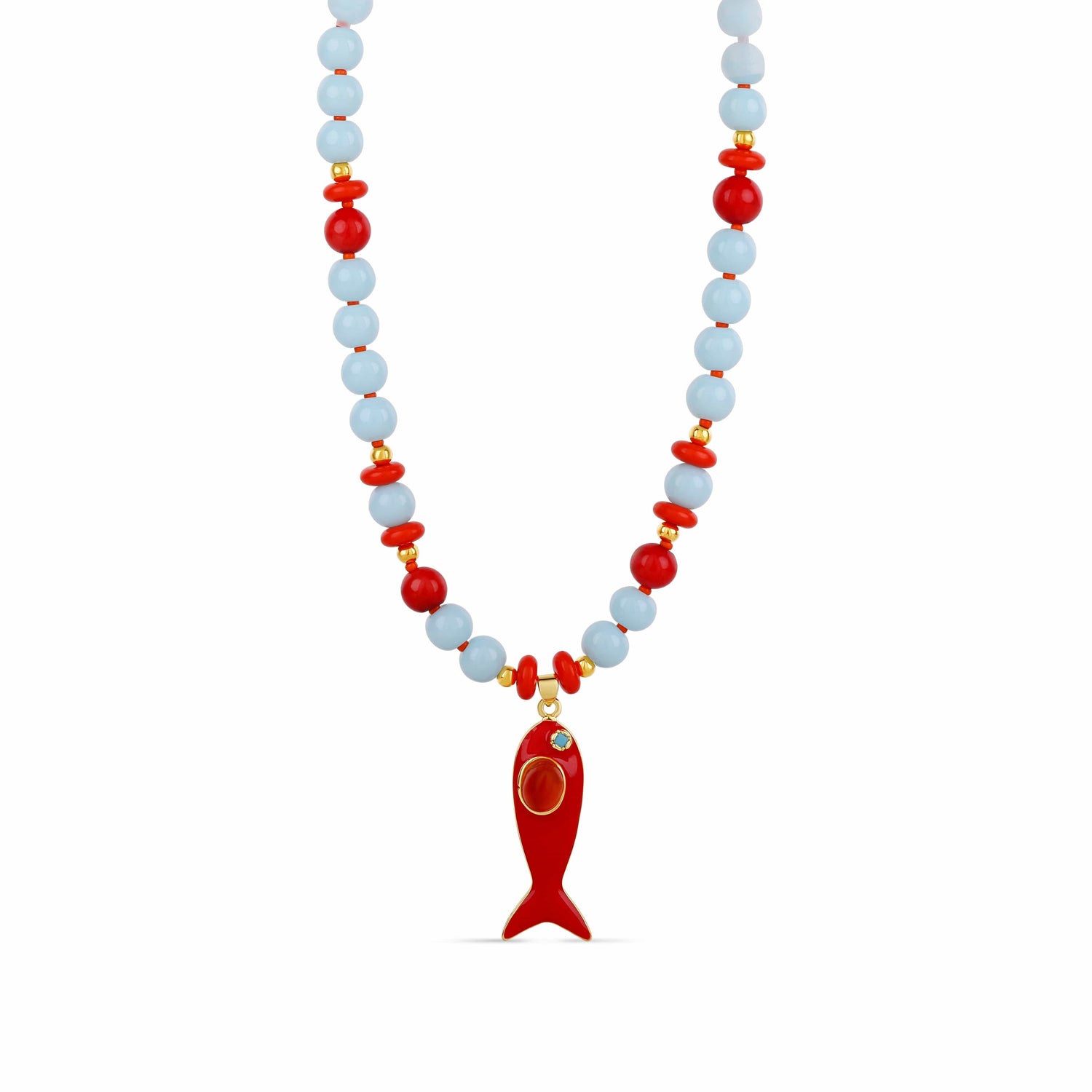 Coral Reef Fish Charm Necklace - Ocean Blue &amp; Coral Beaded Necklace