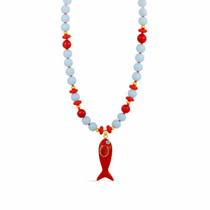 Coral Reef Fish Charm Necklace - Ocean Blue &amp; Coral Beaded Necklace