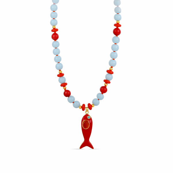 Hannah B by Hannah Bender Coral Reef Fish Charm Necklace - Ocean Blue & Coral Beaded Necklace