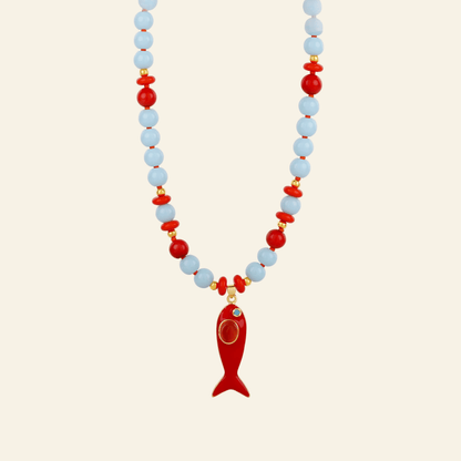 Coral Reef Fish Charm Necklace - Ocean Blue &amp; Coral Beaded Necklace