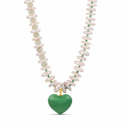 Green Heart Pendant Necklace - Fresh Water Pearl &amp; Murano Glass Necklace