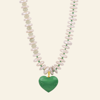 Green Heart Pendant Necklace - Fresh Water Pearl &amp; Murano Glass Necklace