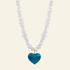 Necklace with white beads and a blue heart pendant on a white background