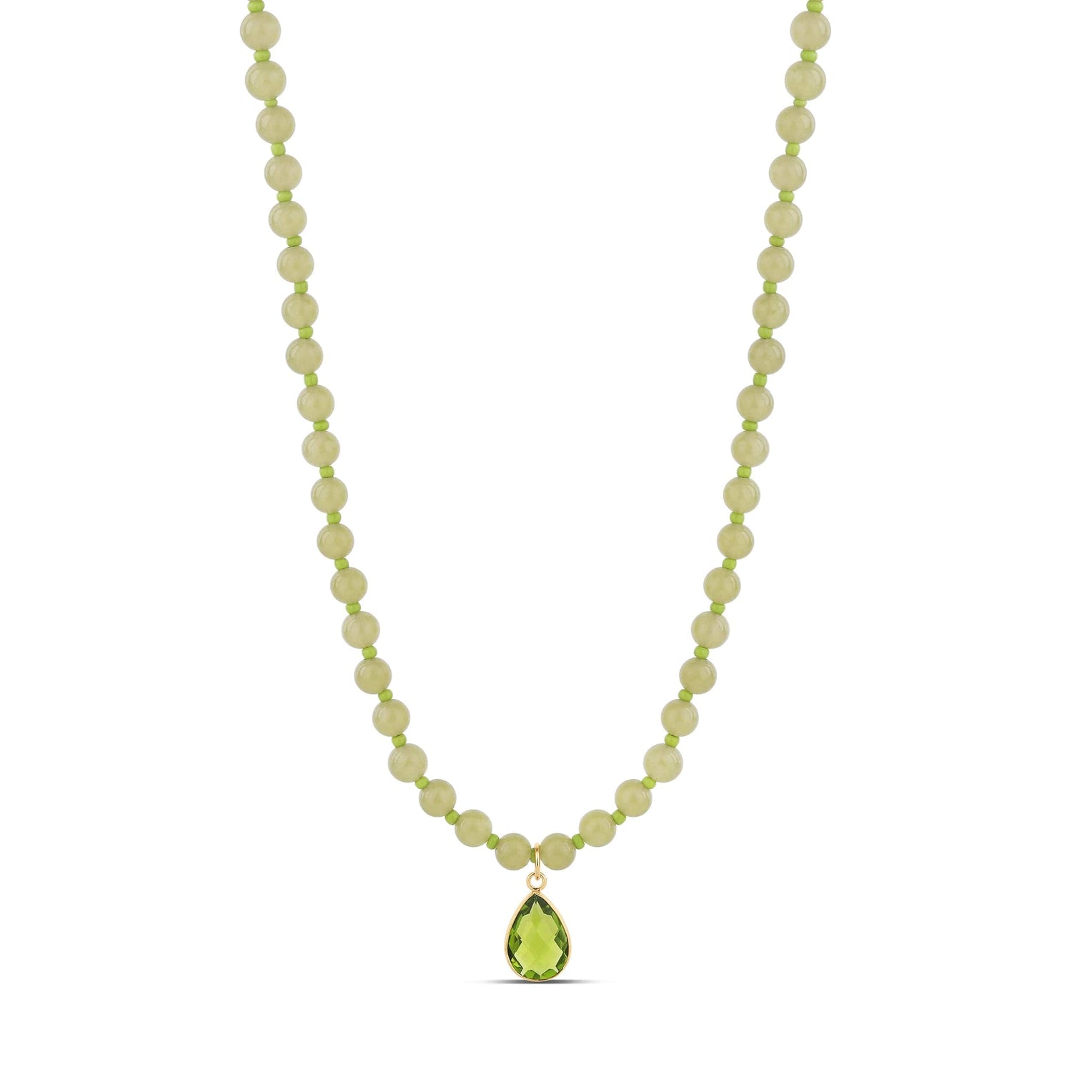 Lime Jade Bead Necklace with Green Teardrop Pendant