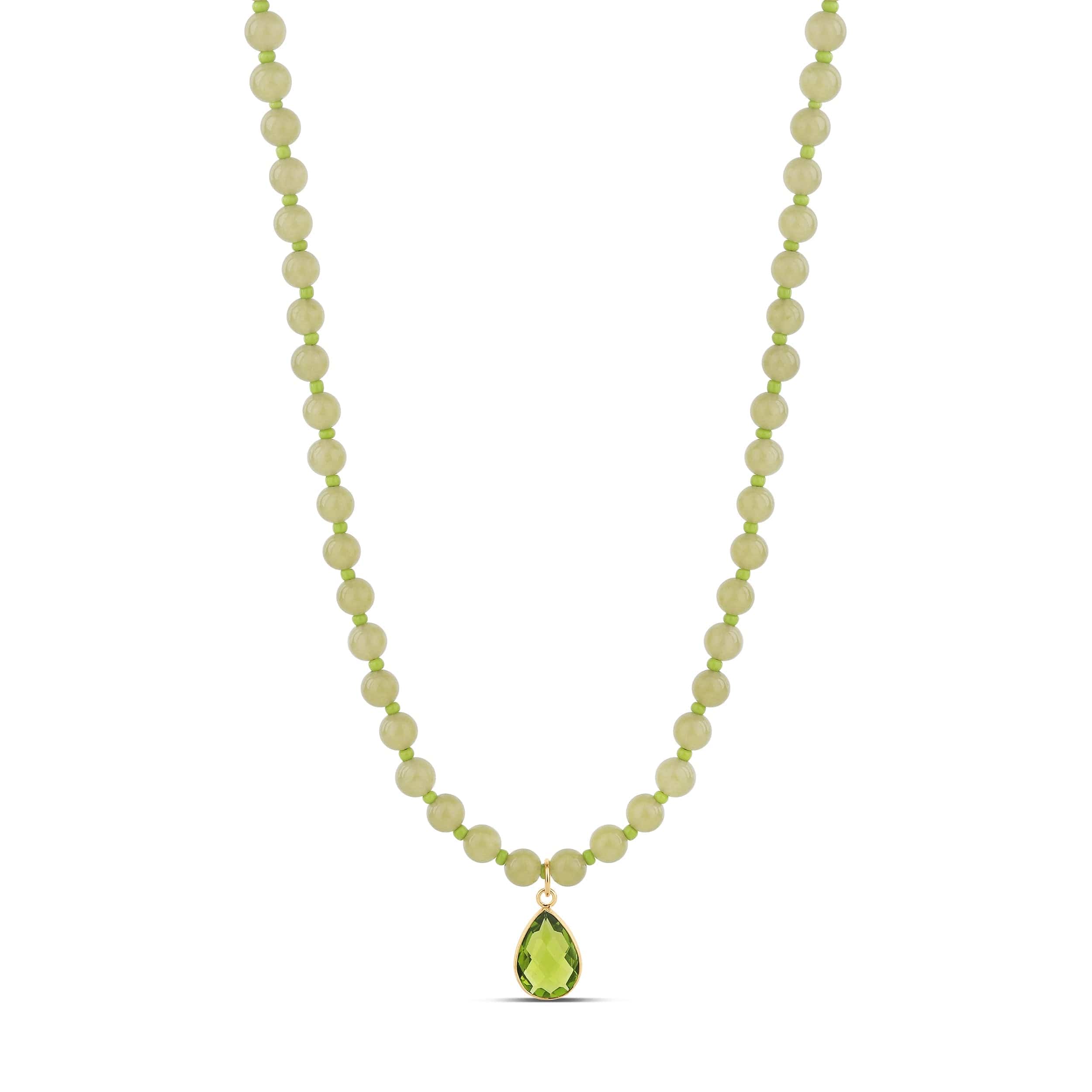 Lime Jade Bead Necklace with Green Teardrop Pendant