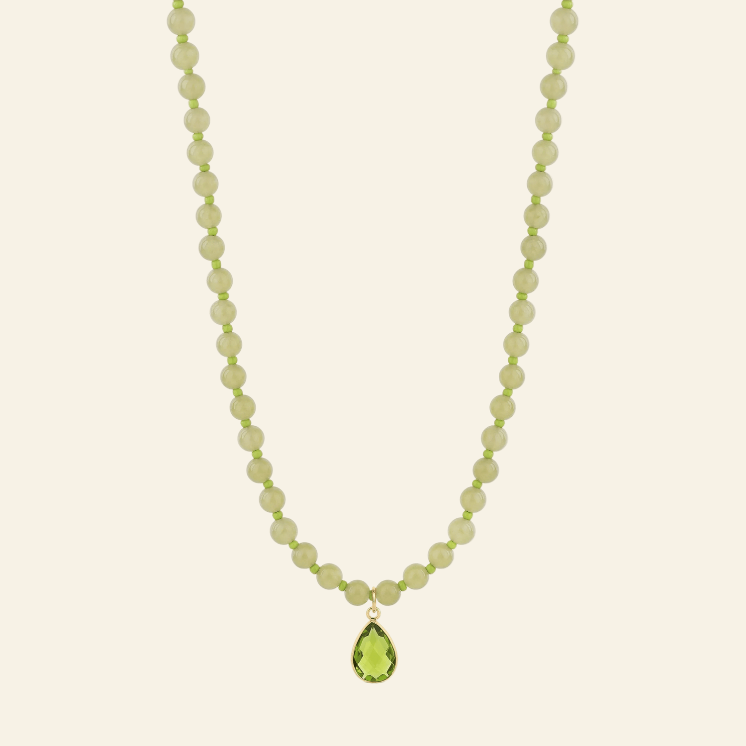 Lime Jade Bead Necklace with Green Teardrop Pendant