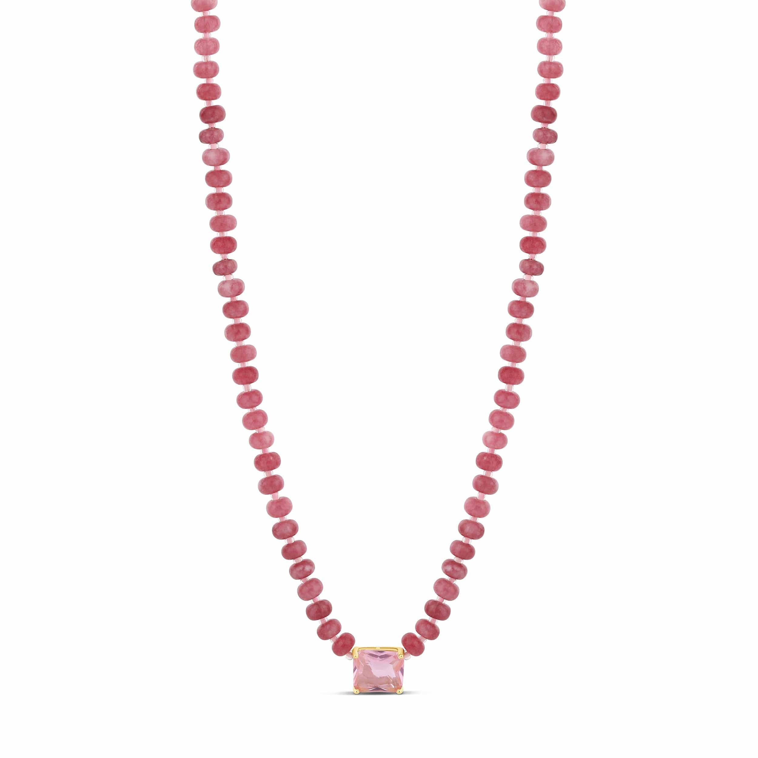 Rosy Quartz Bead Necklace with Pink Solitaire