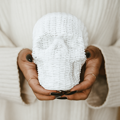 Skull Me Rattan-Style Skull Decor – Natural &amp; White Resin