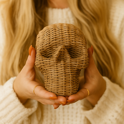 Skull Me Rattan-Style Skull Decor – Natural &amp; White Resin