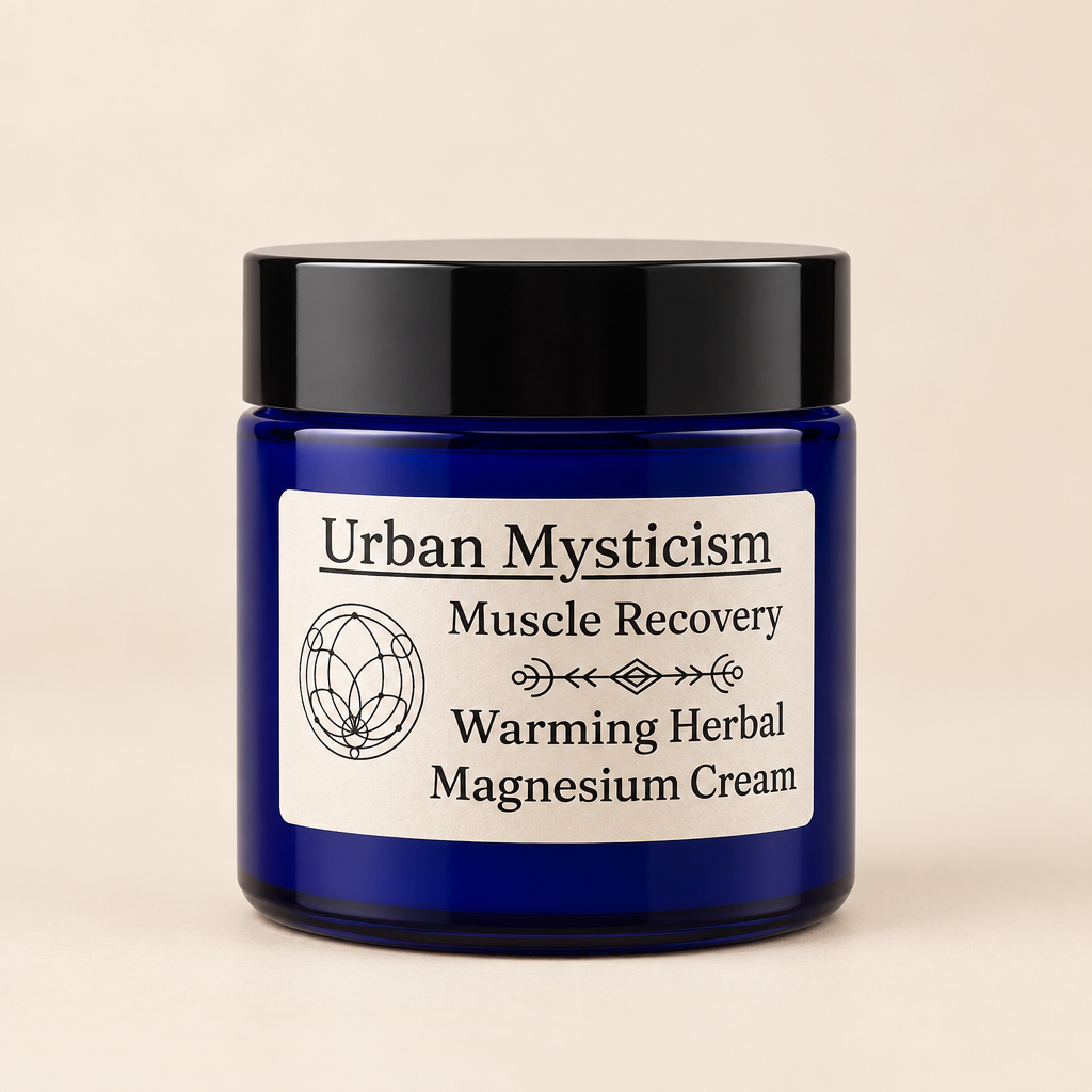 Jar of Urban Mysticism Muscle Recovery Warming Herbal Magnesium Cream with crystals in the background