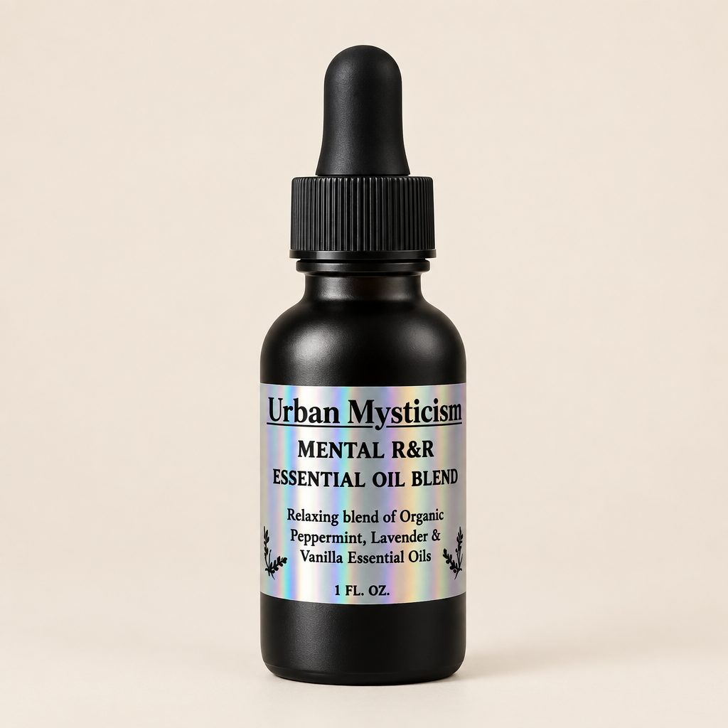 Black essential oil bottle with dropper labeled &