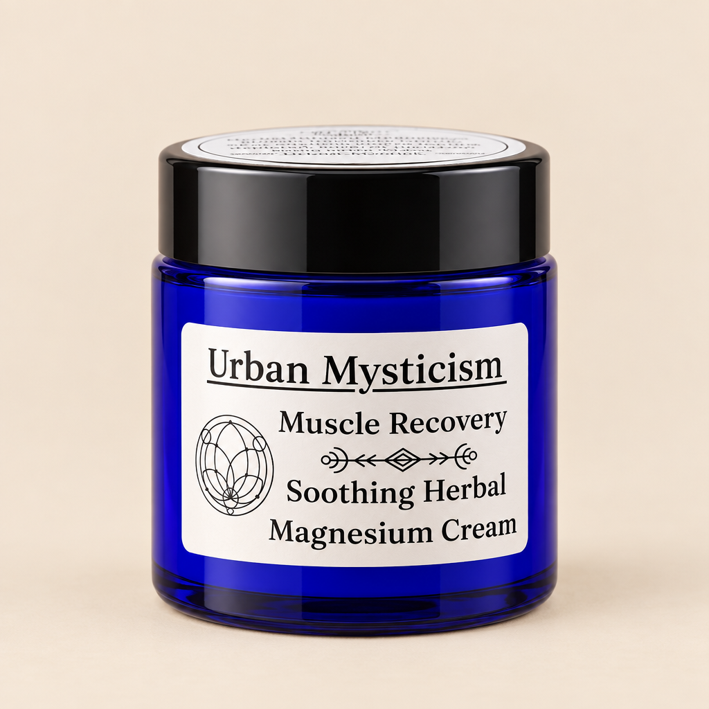Blue jar of Urban Mysticism Muscle Recovery Soothing Herbal Magnesium Cream on a wooden surface with blurred greenery in the background.