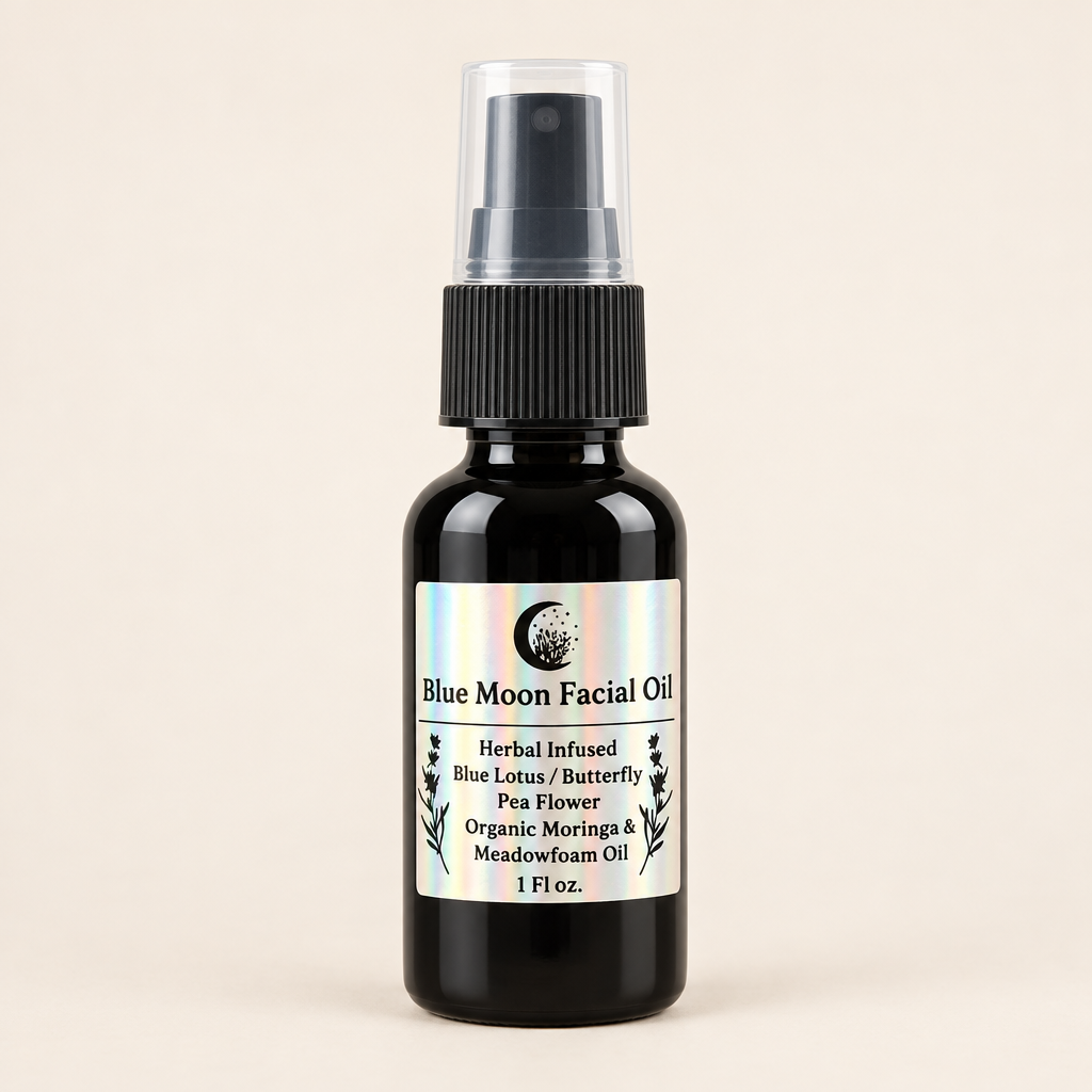 Bottle of Blue Moon Facial Oil with natural elements in the background