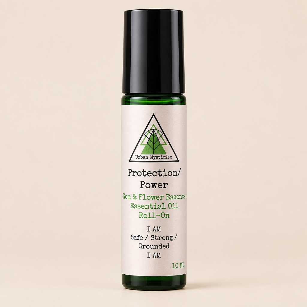 Roll-on bottle of essential oil with a label on a wooden surface