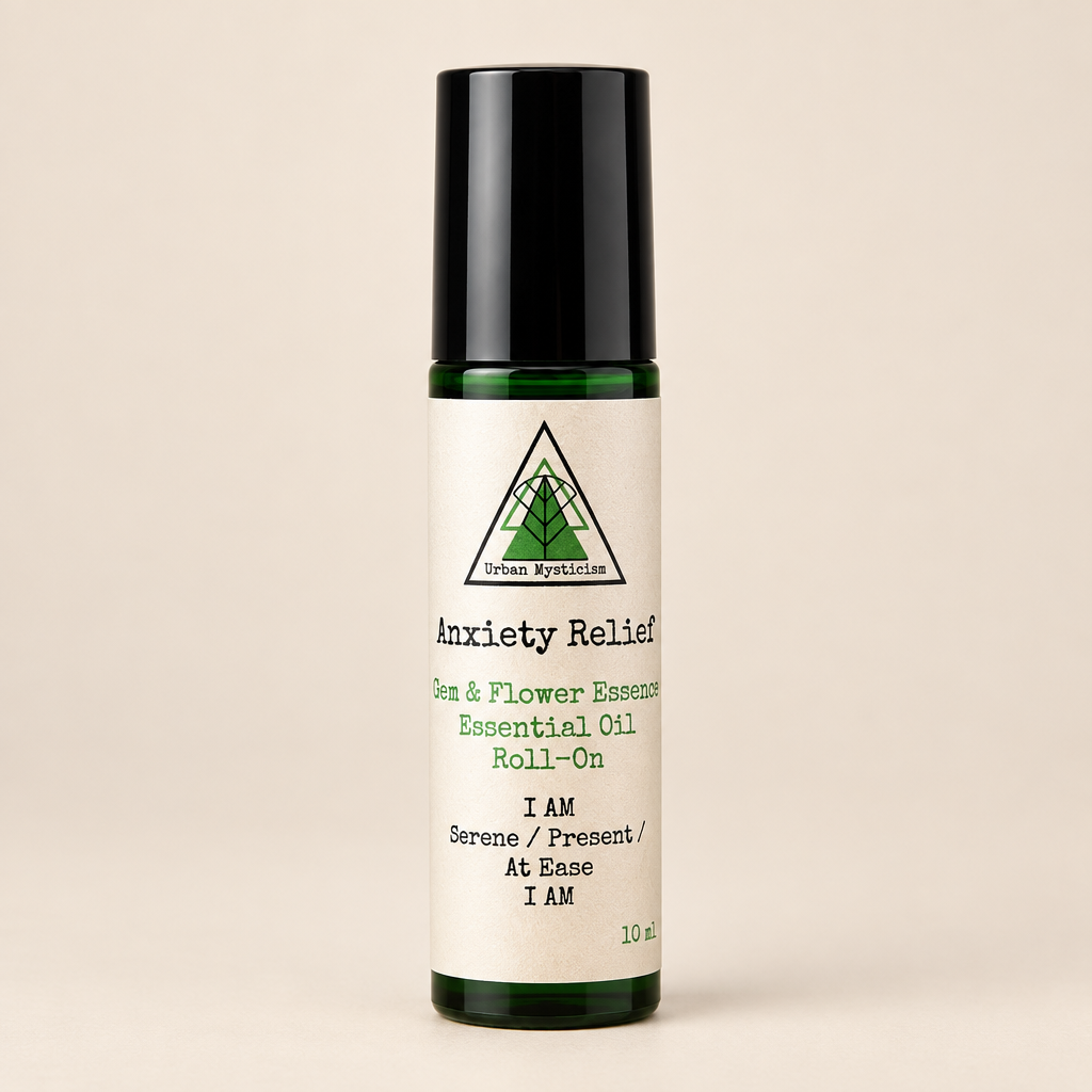Anxiety Relief essential oil roll-on bottle with a natural background