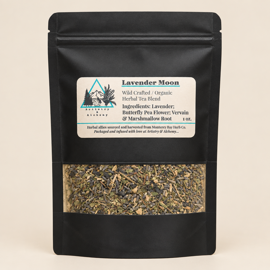 Tea package with label featuring herbal blend details against a blurred natural background