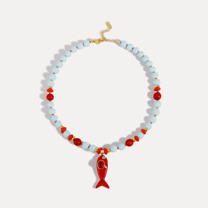 Coral Reef Fish Charm Necklace - Ocean Blue &amp; Coral Beaded Necklace