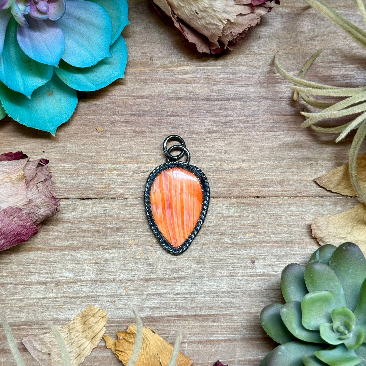 MJ Orange Spiny Oyster Teardrop Charm &amp; Sterling Pearl Necklace
