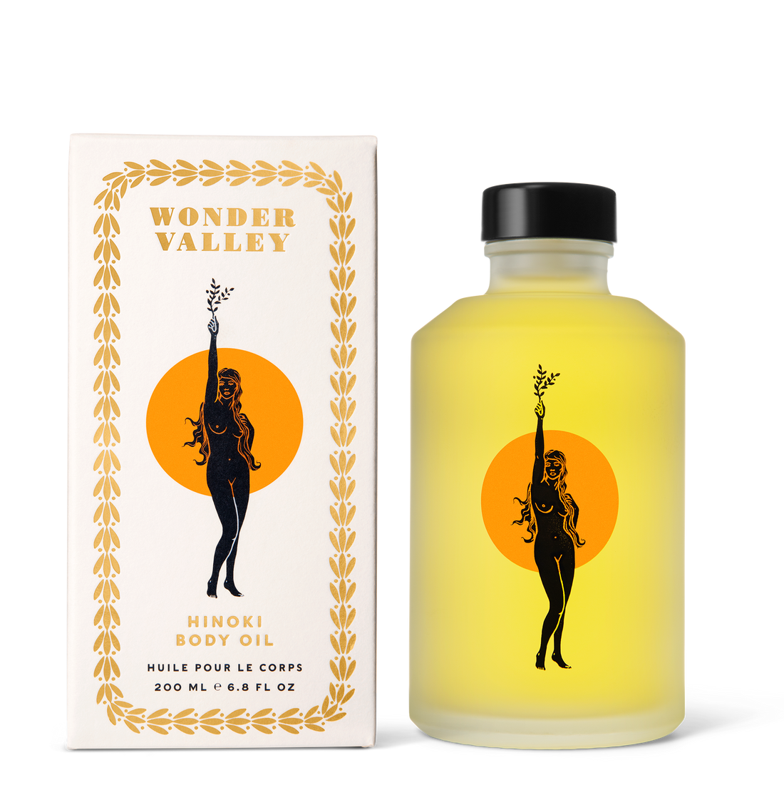 Bottle and packaging of Wonder Valley Hinoki Body Oil on a white background