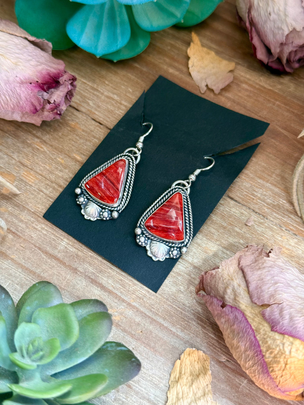 Red Spiny Oyster Dangle Earrings by Shay Pfeiffer