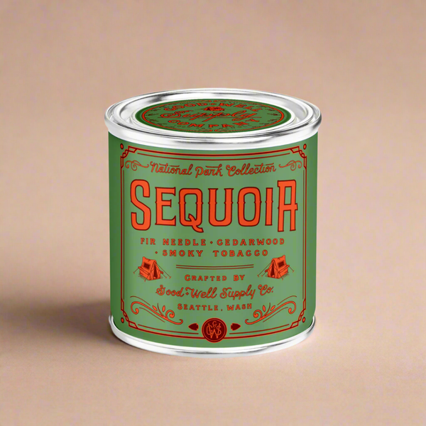 Sequoia brand canister with green and red design on a beige background
