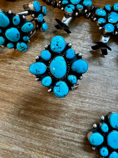 Wilson Dawes Kingman Turquoise Sterling Silver Squash Blossom Set