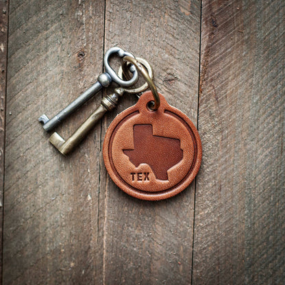 Texas State Silhouette Leather Keychain Circle